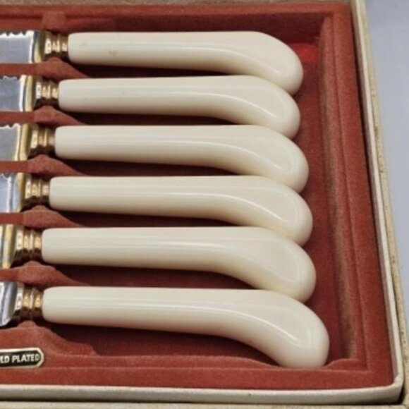GOLD Plate Antique KNIFE SET by GLO HILL Co. 6pc STEAK KNIVES Vintage Knife Set - Picture 2 of 6